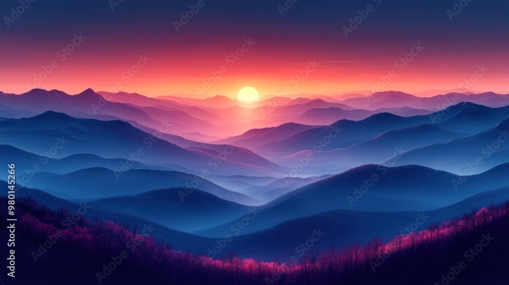 Serene sunset over rolling mountains, evoking tranquility and beauty. Serene sunset over rolling mountains, evoking tranquility and beauty.