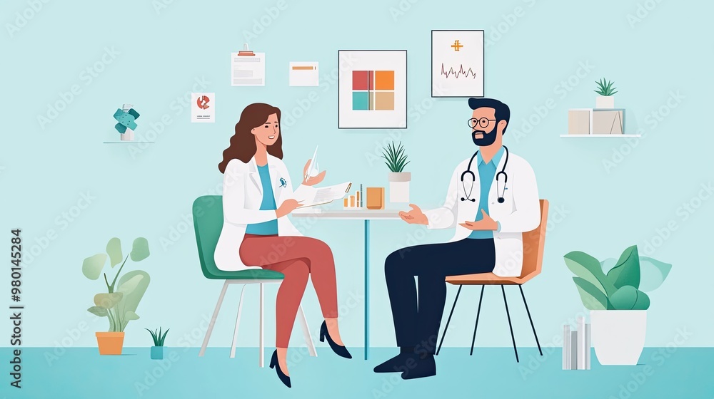 A doctor and patient engage in a friendly consultation in a modern healthcare setting, promoting wellness and communication. A doctor and patient engage in a friendly consultation in a modern healthcare setting, promoting wellness and communication.