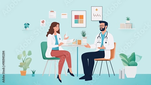 A doctor and patient engage in a friendly consultation in a modern healthcare setting, promoting wellness and communication.