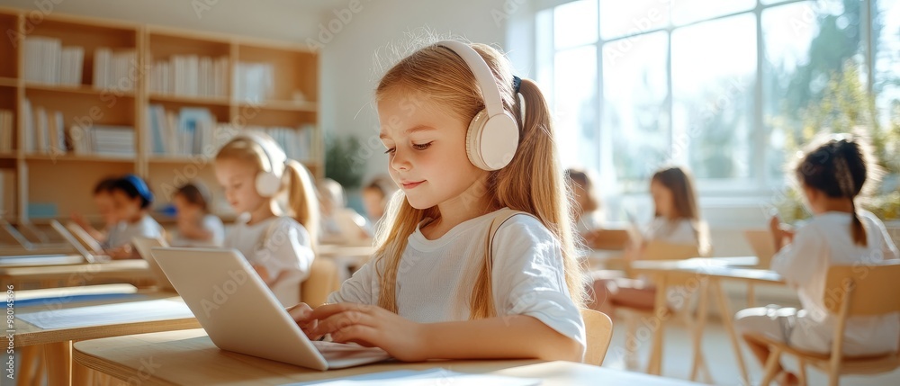 A focused girl using a laptop with headphones in a bright classroom, engaging in online learning with peers.