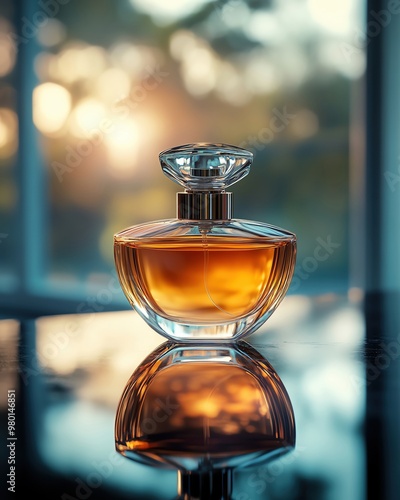 A luxury perfume bottle with a sleek design placed on a reflective surface