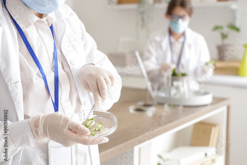 Female scientist working with Petri dish in laboratory, closeup