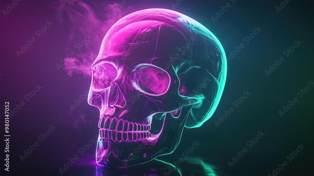 A glowing skull in vivid neon colors, surrounded by mist, perfect for creative and spooky themes in modern art and design. A glowing skull in vivid neon colors, surrounded by mist, perfect for creative and spooky themes in modern art and design.