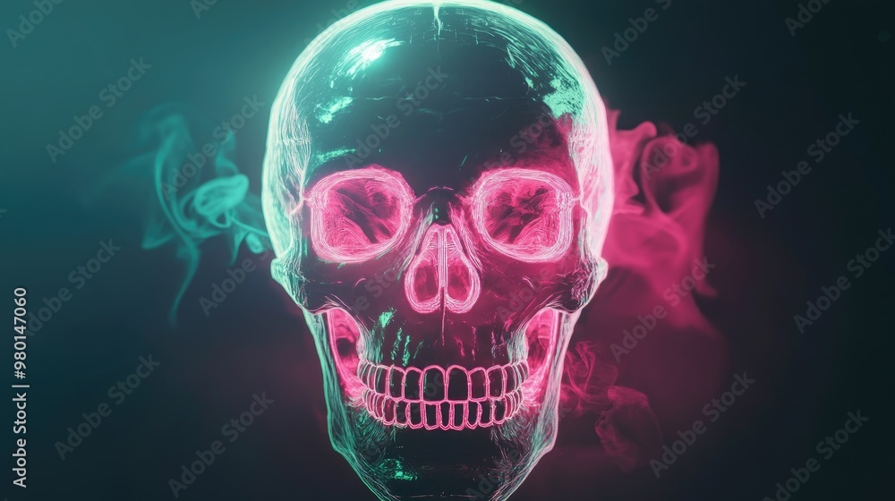 A glowing skull with vibrant neon colors, surrounded by swirling smoke, ideal for themes of mystery, Halloween, or danger. A glowing skull with vibrant neon colors, surrounded by swirling smoke, ideal for themes of mystery, Halloween, or danger.