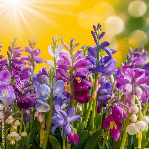 Beautiful campanula spring flowers background with sunshine and bokeh photo