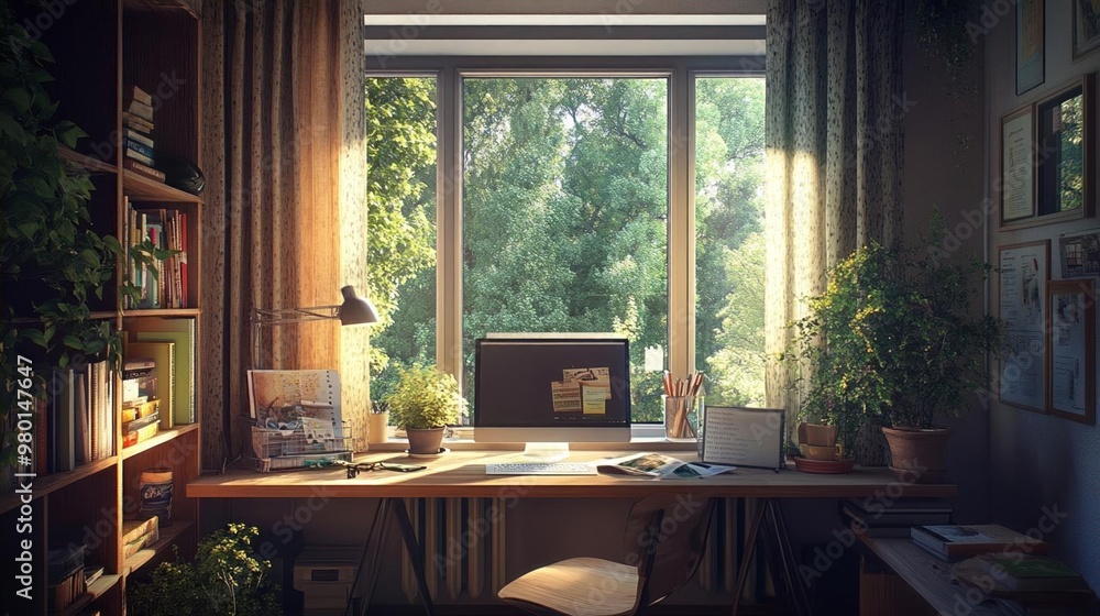 A sunlit home office with a desk, a computer, plants, and a bookshelf. A sunlit home office with a desk, a computer, plants, and a bookshelf.