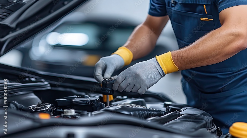 A mechanic performing maintenance on a vehicle engine, showcasing precision and expertise in automotive repair. A mechanic performing maintenance on a vehicle engine, showcasing precision and expertise in automotive repair.