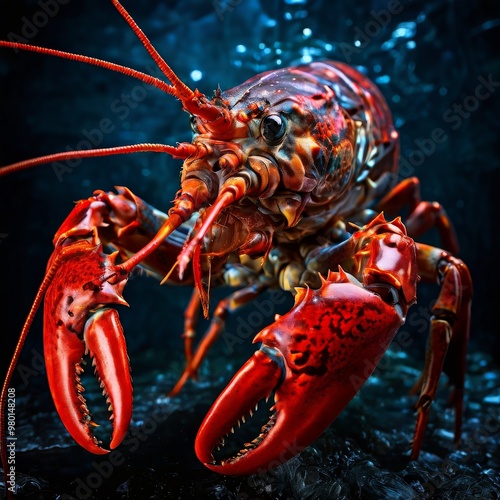 An intense close-up of a red lobster captured in its underwater habitat. The vibrant colors and sharp details highlight the lobster's striking features, making this image perfect for seafood, marine