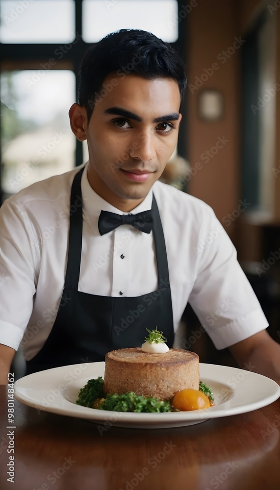 Waiter in Uniform Presenting Gourmet Dish with Focus on Service and Elegance Waiter in Uniform Presenting Gourmet Dish with Focus on Service and Elegance