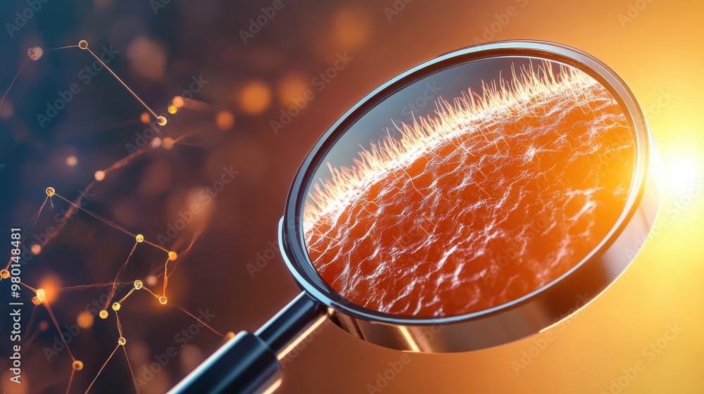 Investigating Alopecia - Close-up Scientific Detail of Bald Spot with Hair Follicles Under Magnifying Glass, Copy Space Available Investigating Alopecia - Close-up Scientific Detail of Bald Spot with Hair Follicles Under Magnifying Glass, Copy Space Available