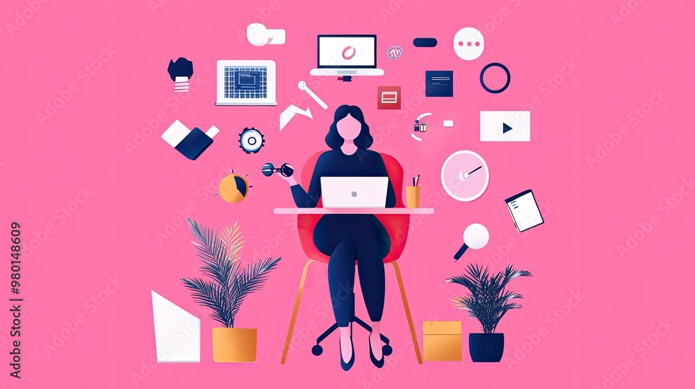 A modern workspace featuring a woman with a laptop, surrounded by digital icons and plants, set against a vibrant pink background. A modern workspace featuring a woman with a laptop, surrounded by digital icons and plants, set against a vibrant pink background.