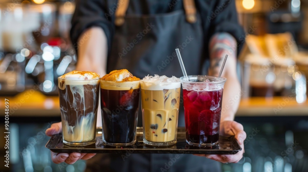 Barista holding a tray with various coffee drinks ready to serve Barista holding a tray with various coffee drinks ready to serve