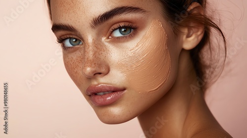 Close-up portrait of a young woman with freckles applying face cream.