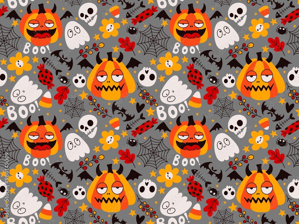 Halloween cute pumpkins seamless monsters pattern for wrapping paper and fabric Halloween cute pumpkins seamless monsters pattern for wrapping paper and fabric