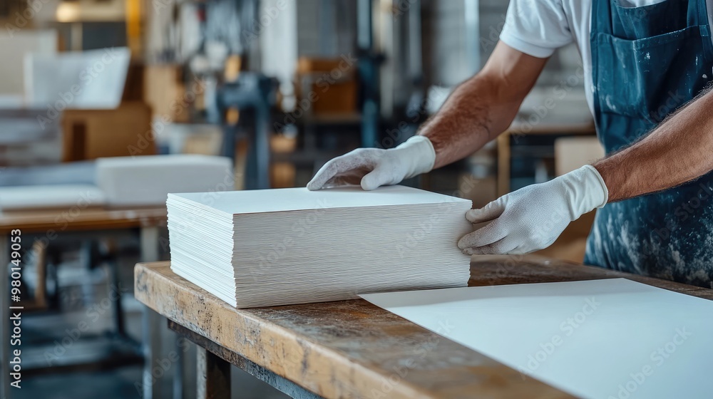 A person in gloves arranging stacks of white paper in a workshop, showcasing craftsmanship and attention to detail. A person in gloves arranging stacks of white paper in a workshop, showcasing craftsmanship and attention to detail.