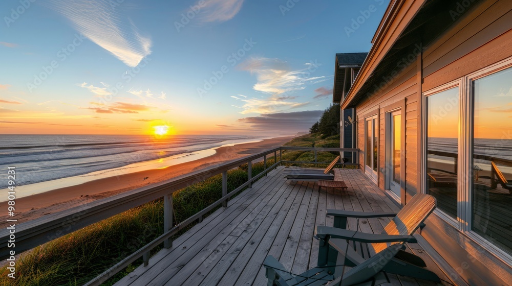 Beachfront house with a deck overlooking the ocean at sunset Beachfront house with a deck overlooking the ocean at sunset