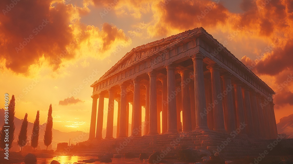 Obraz premium Greek temple's intricate pediments and Doric columns bathed in sunset glow