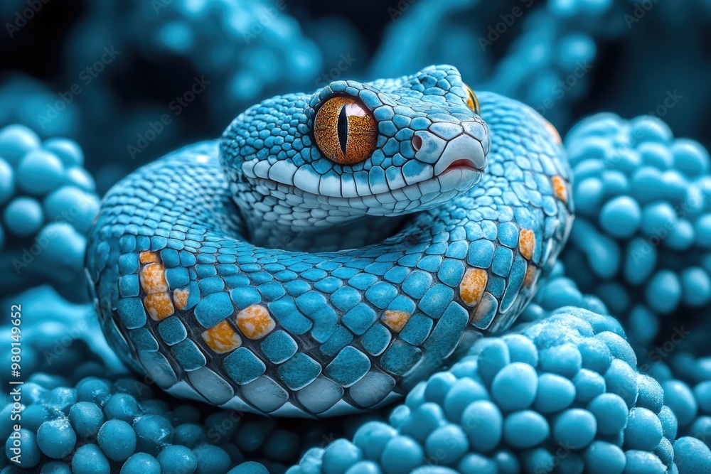 Fototapeta premium Calm blue snake coiled on bumpy surface with striking orange eyes. AI