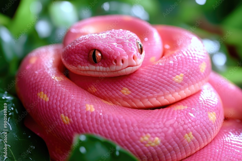 Fototapeta premium Vibrant pink snake coiled on lush green leaves with water droplets. AI