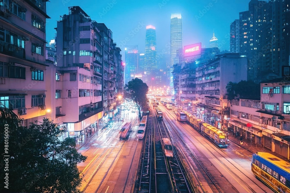 Fototapeta premium A night view of a street in Hong Kong with buildings and tram tracks in the foreground and tall buildings in the background.