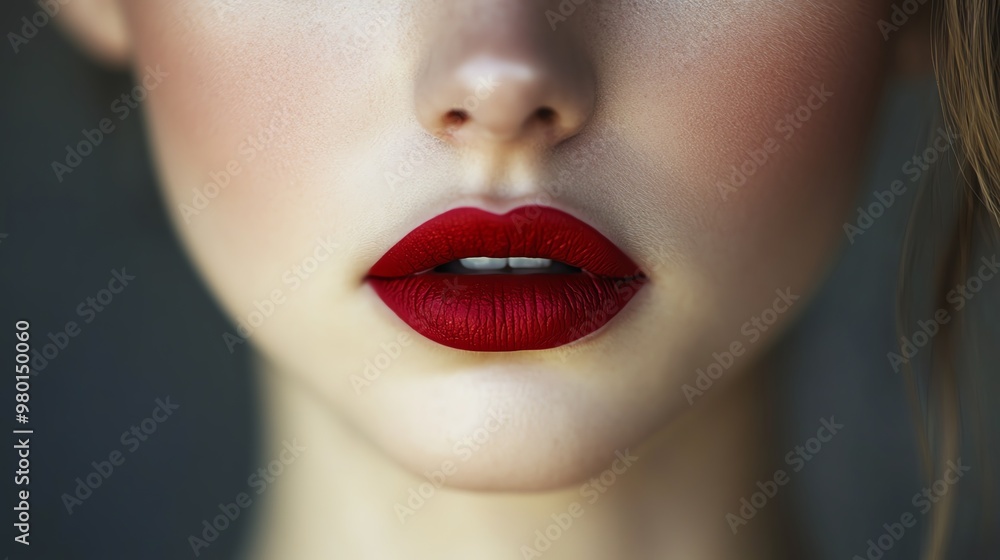 Fototapeta premium Close-up of a woman's lips with red lipstick.