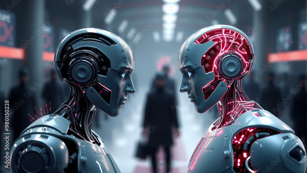 Two robots stand facing each other, with one revealing red glowing circuitry. Two robots stand facing each other, with one revealing red glowing circuitry.