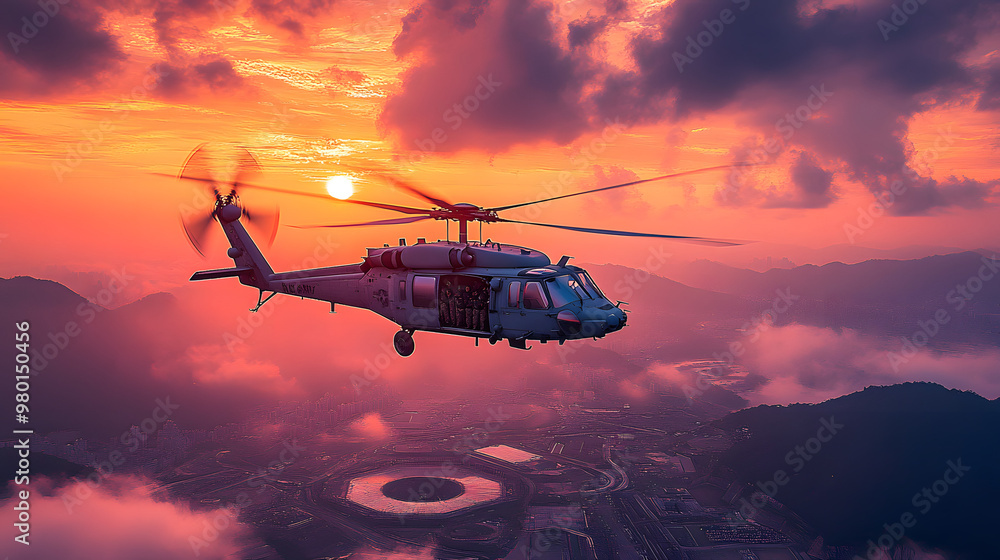 A helicopter flying over a stunning sunset, showcasing dramatic clouds and vibrant colors in the sky. Aerial view of a picturesque landscape. A helicopter flying over a stunning sunset, showcasing dramatic clouds and vibrant colors in the sky. Aerial view of a picturesque landscape.