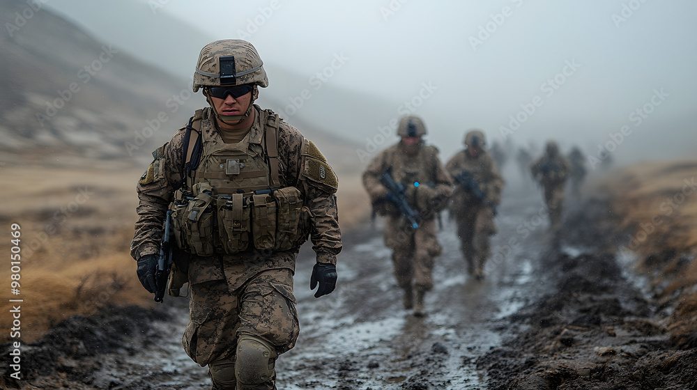 Naklejka premium A group of soldiers navigating through a rugged, muddy terrain in a misty environment, showcasing determination and teamwork.