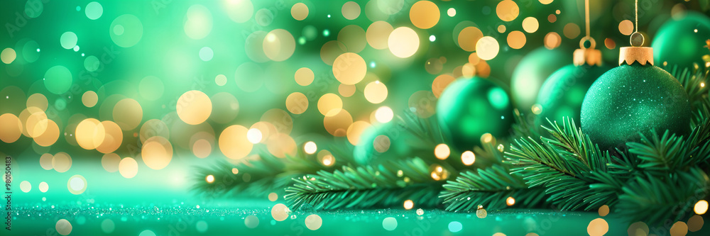Festive Christmas scene with green and gold colors, featuring bokeh lights that give the impression of a twinkling night sky, pine branches, and ornaments. Festive Christmas scene with green and gold colors, featuring bokeh lights that give the impression of a twinkling night sky, pine branches, and ornaments.