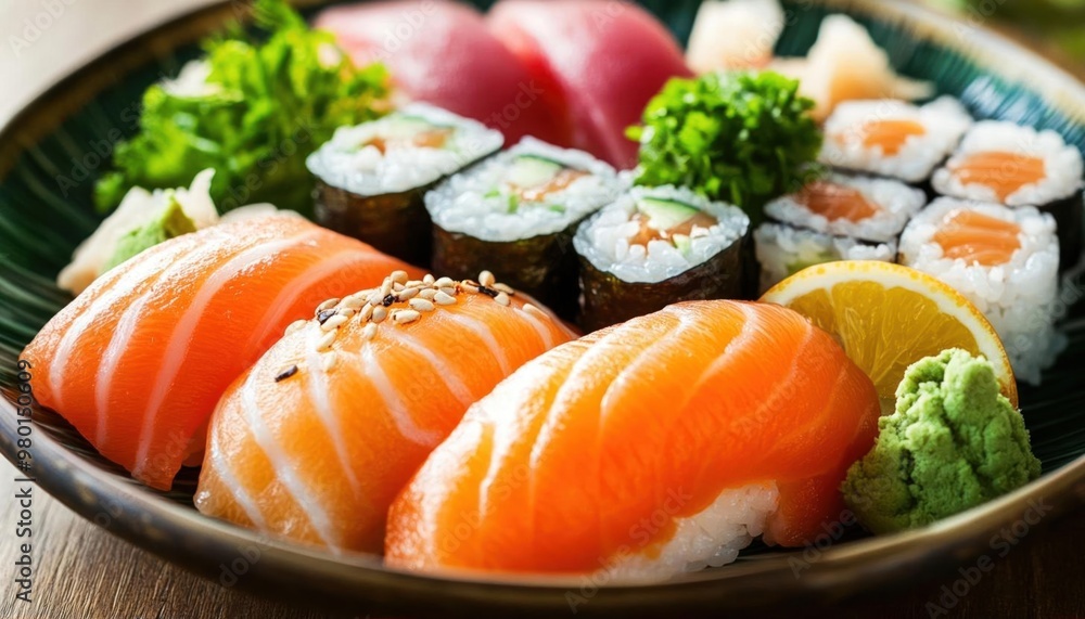 A plate of assorted sushi with salmon, cucumber, and wasabi. A plate of assorted sushi with salmon, cucumber, and wasabi.