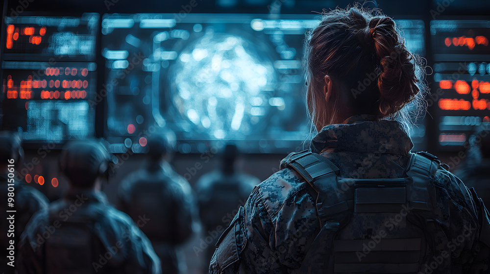A military officer monitors high-tech screens in a command center, overseeing operations with focused determination. A military officer monitors high-tech screens in a command center, overseeing operations with focused determination.