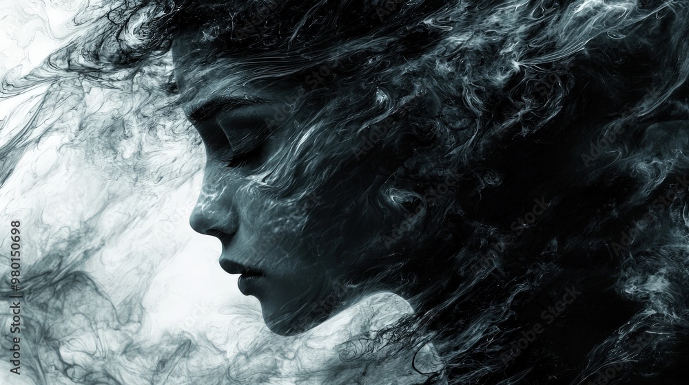 Abstract depiction of a woman’s face, partially hidden in shadow, her expression heavy with grief, as swirling dark tones create an atmosphere of deep emotional pain and isolation. anime style Abstract depiction of a woman’s face, partially hidden in shadow, her expression heavy with grief, as swirling dark tones create an atmosphere of deep emotional pain and isolation. anime style