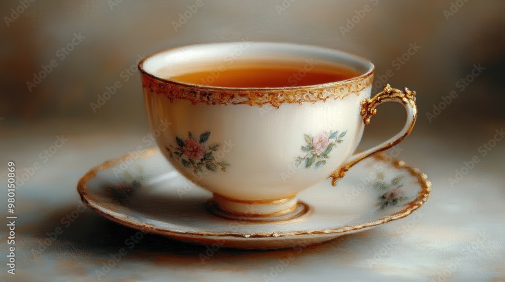 A delicate tea cup and saucer filled with brewed tea. A delicate tea cup and saucer filled with brewed tea.
