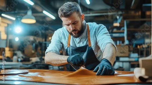 A skilled craftsman meticulously working with leather in a well-lit workshop, showcasing dedication and artistry in leathercraft.