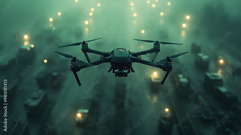 A stunning aerial view of a drone navigating through a misty urban landscape, showcasing industrial elements and ambient lights. A stunning aerial view of a drone navigating through a misty urban landscape, showcasing industrial elements and ambient lights.