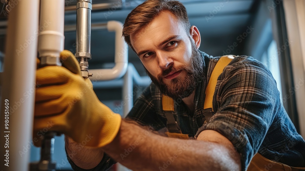 A skilled plumber wearing gloves and working on pipes in a modern setting, showcasing attention to detail and professionalism. A skilled plumber wearing gloves and working on pipes in a modern setting, showcasing attention to detail and professionalism.