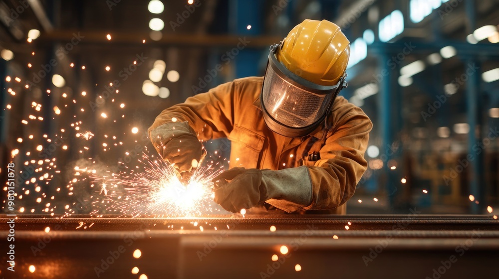 A skilled welder in protective gear works on metal, creating sparks in a well-lit industrial workshop. A skilled welder in protective gear works on metal, creating sparks in a well-lit industrial workshop.