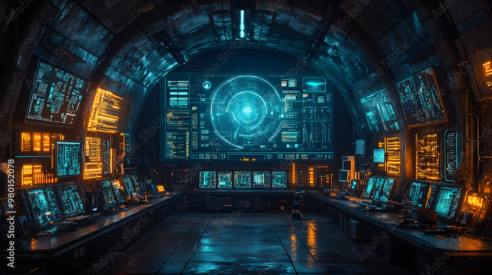Fototapeta premium Futuristic control room featuring advanced technology and glowing monitors, ideal for sci-fi and tech-themed projects.