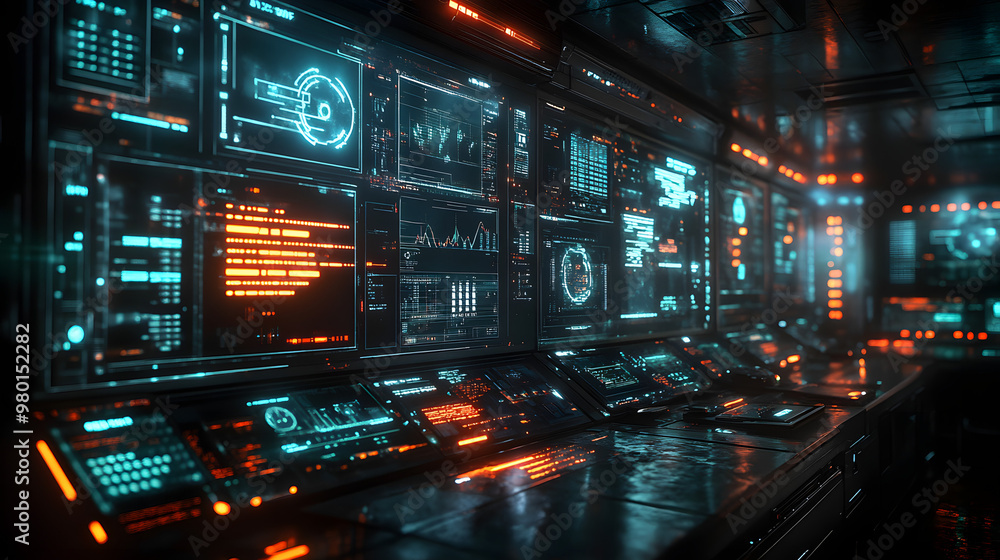 Naklejka premium Futuristic control room with glowing screens displaying data and graphics, perfect for technology and sci-fi themes.
