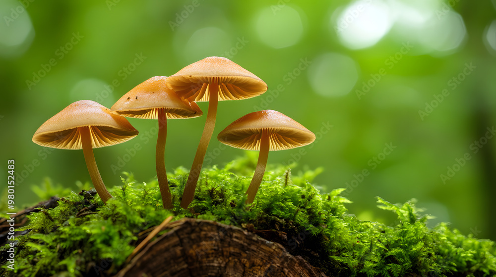 Slender mushrooms with brown caps growing on a mossy log in a lush forest, illuminated by soft natural light. Slender mushrooms with brown caps growing on a mossy log in a lush forest, illuminated by soft natural light.