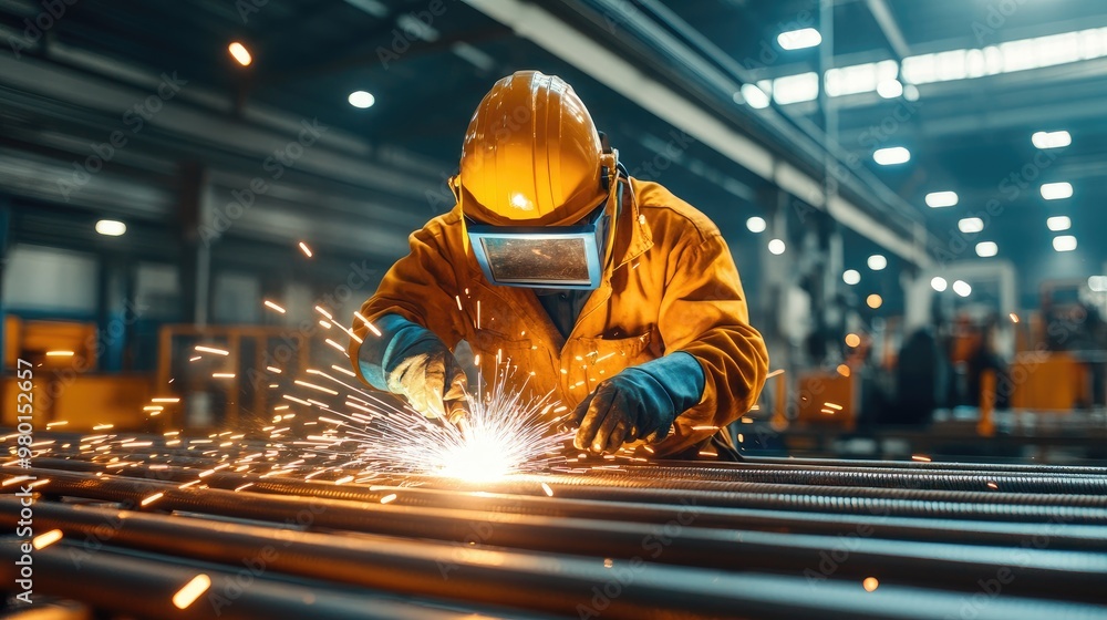 A skilled worker welds metal in a factory, creating sparks in a large industrial workspace, showcasing craftsmanship and safety. A skilled worker welds metal in a factory, creating sparks in a large industrial workspace, showcasing craftsmanship and safety.