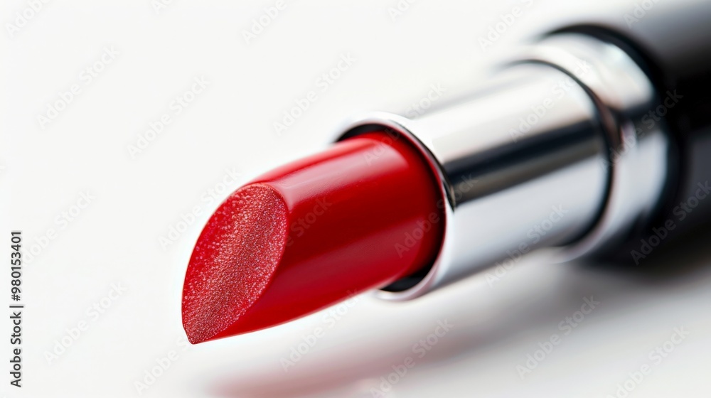 Bright red lipstick with the cap off on a white background Bright red lipstick with the cap off on a white background