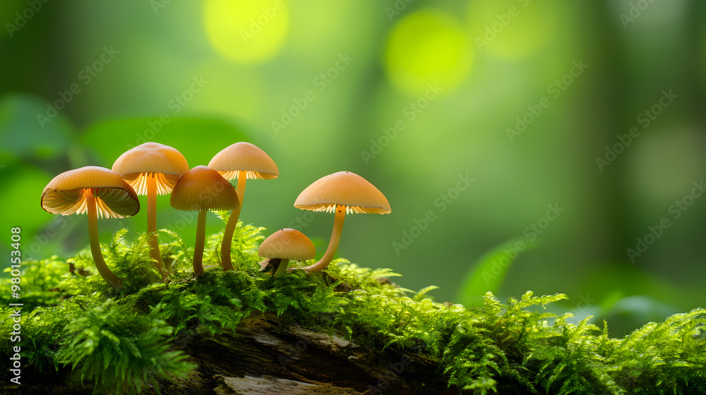 Fototapeta premium A cluster of slender-stemmed mushrooms with brown caps growing on a moss-covered log in a serene forest.