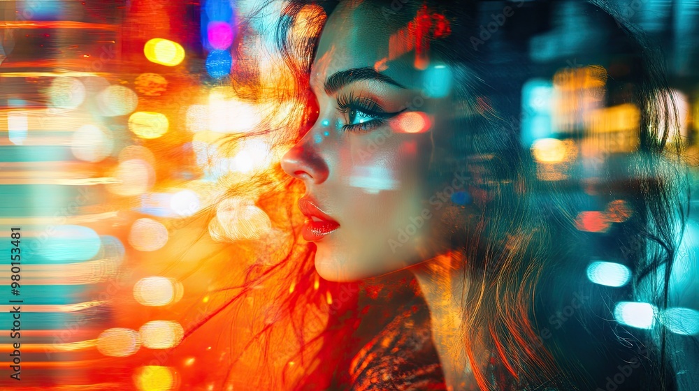 A stunning profile of a woman surrounded by vibrant, colorful lights, capturing the essence of city nightlife and modern beauty. A stunning profile of a woman surrounded by vibrant, colorful lights, capturing the essence of city nightlife and modern beauty.