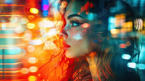 A stunning profile of a woman surrounded by vibrant, colorful lights, capturing the essence of city nightlife and modern beauty.