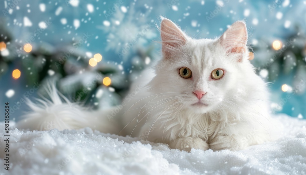 Fluffy white cat resting in a snowy winter wonderland Fluffy white cat resting in a snowy winter wonderland