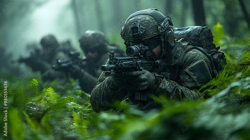 Special forces soldiers navigate through dense forest, showcasing teamwork and tactical skills during a training exercise. Special forces soldiers navigate through dense forest, showcasing teamwork and tactical skills during a training exercise.