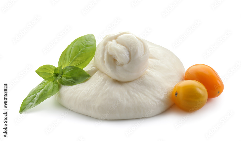 Fresh burrata cheese, cherry tomatoes and basil leaves isolated on white Fresh burrata cheese, cherry tomatoes and basil leaves isolated on white
