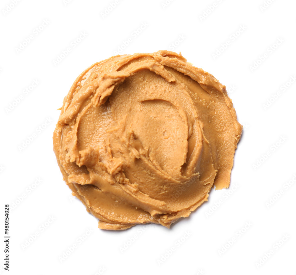 Tasty peanut butter on white background, top view Tasty peanut butter on white background, top view