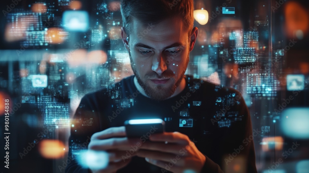 Fototapeta premium Caucasian man using smartphone in metaverse surrounded by social media and e commerce interfaces